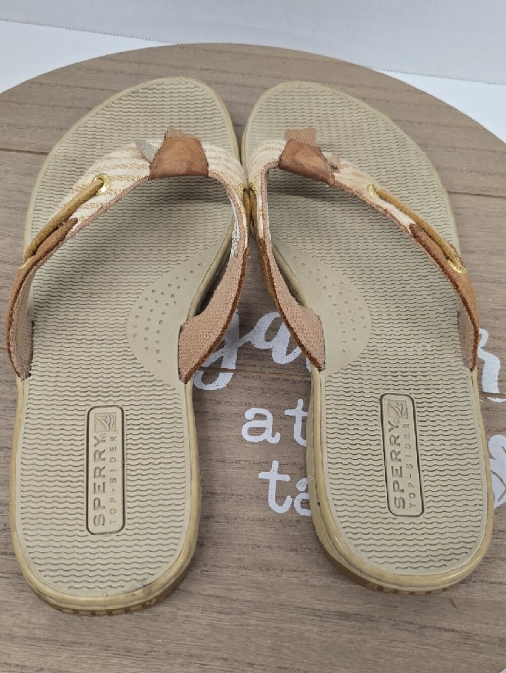 Sperry Tan Cream & Gold Braided Thong Sandals Womens Size 9.5 - Picture 13 of 16
